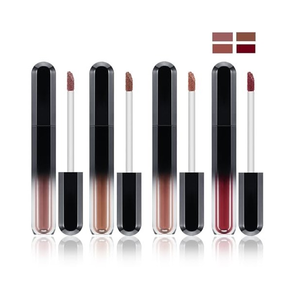 Apooliy 4pcs Matte Lip Gloss,Rouge à lèvres non collant et lisse,Rouge à lèvres liquide longue durée 4 couleurs,Résistant à l