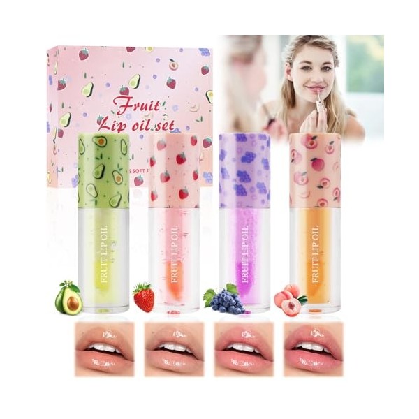 Horuili® 4 Pièces Huile À Lèvres Transparente Incolore, Set De Gloss à Lèvres Aromatisé Aux Fruits, Brillants À Lèvres Aux Fr