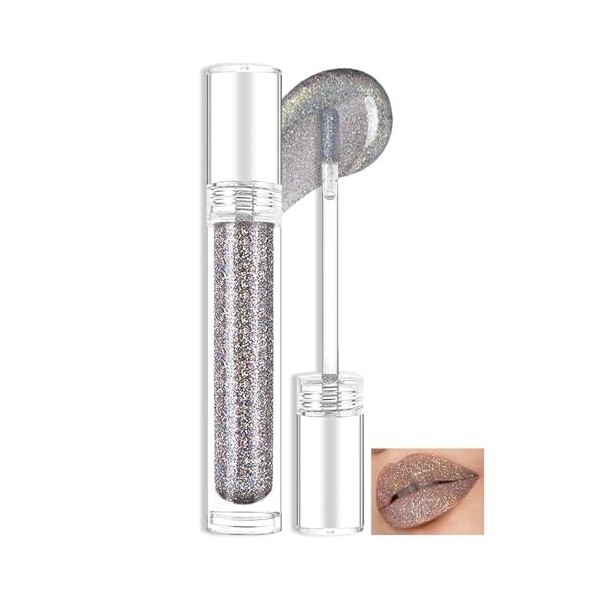 Prreal Gloss à lèvres à paillettes, Shimmer Lip Plumper Gloss, Holographic Glitter Liquid Lipstick Diamond Pearl Shine Lip Gl