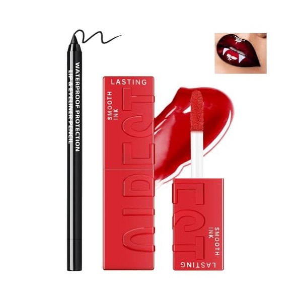 NewBang Ensemble de gloss à lèvres et de crayon à lèvres pour Halloween, rouge à lèvres liquide hydratant pigmenté à haute br