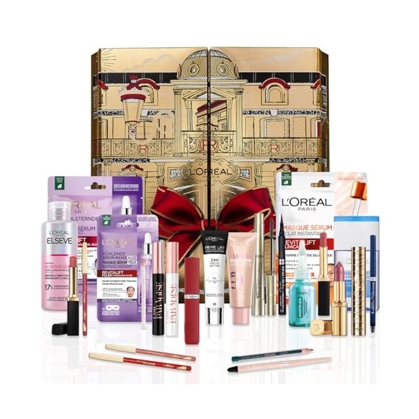 LOréal Paris - Calendrier de lAvent 24 Jours - Coffret Cadeau Noël - Maquillage, Soins Visage et Cheveux - 24 Produits de B