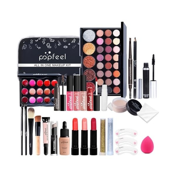 LHLXZQ Ensemble Maquillage Femme, 28Pcs Kit Démarrage de Maquillage Complet avec Ombres Paupières Correcteur Rouge à Lèvres M