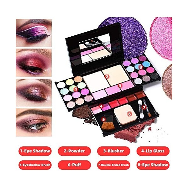 ASPCOK Palette de maquillage pour fard à paupières, 35 couleurs vives, mats et brillants, pinceaux à blush