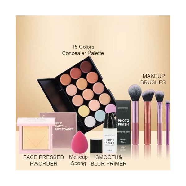 Ensemble de maquillage professionnel, ensemble de maquillage tout-en-un pour femme, kit de maquillage comprenant 15 couleurs 