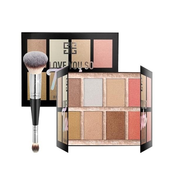 Welhammsae 8 Couleurs Blush Contour Highlighter Palette de Maquillage avec Pinceau, Palette de Surligneurs de Formule Nacrée,