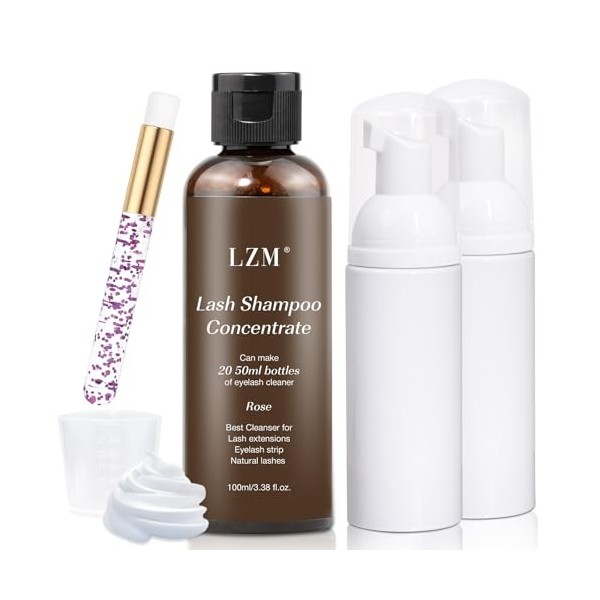 LZM Shampooing Concentré pour Extensions de Cils 100ml Kit de Nettoyage pour Extensions de Cils avec Brosse Savon Mousse Solu