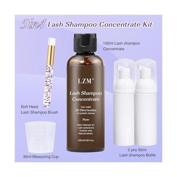 LZM Shampooing Concentré pour Extensions de Cils 100ml Kit de Nettoyage pour Extensions de Cils avec Brosse Savon Mousse Solu