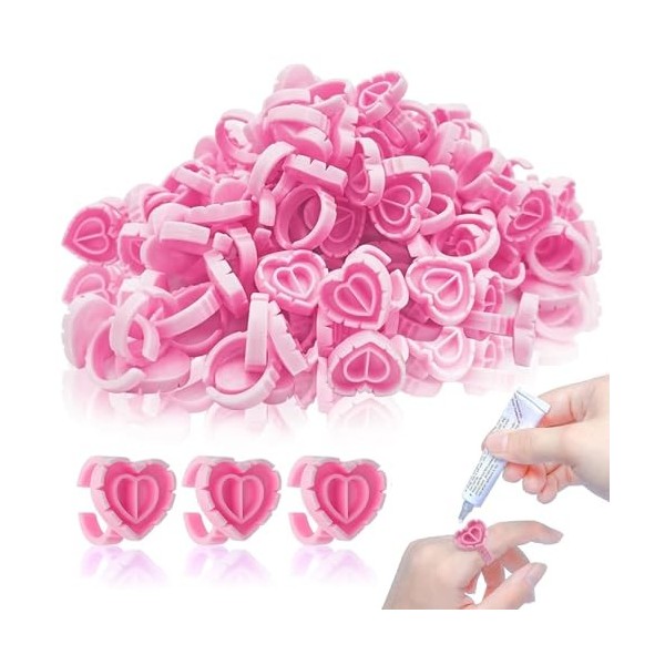 Lot de 100 anneaux de colle jetables en forme de cœur rose pour extensions de cils