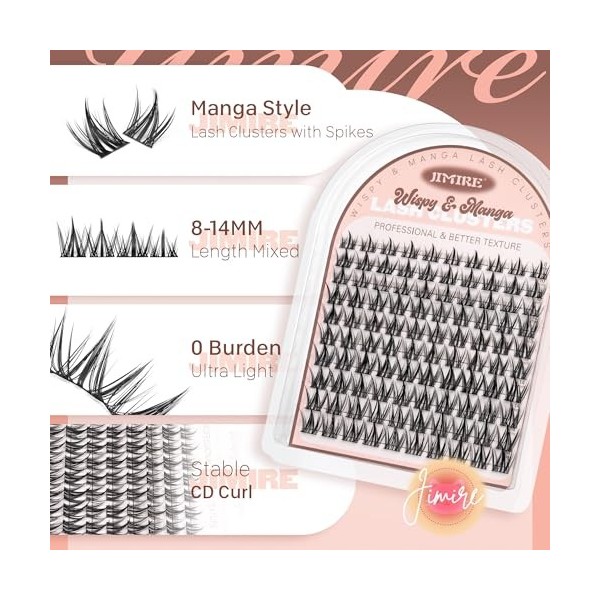 JIMIRE Lot de 110 faux cils individuels Manga - Aspect naturel - 8 à 14 mm - Avec pointes - Cils individuels avec bande fine