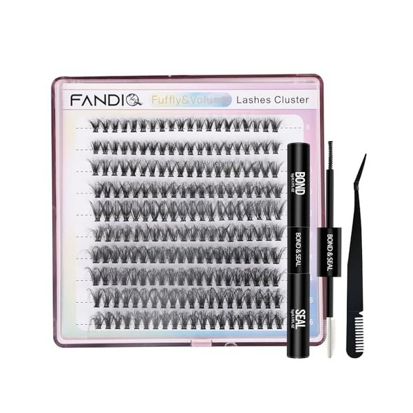 FANDIQ Fuffly Kit de 200 faux cils individuels avec colle à coller et à coller 8 à 16 mm, courbure D, extensions de faux cils