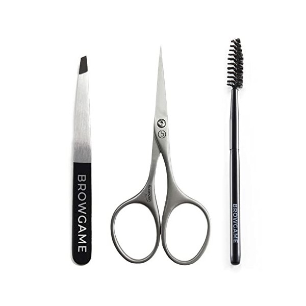 Browgame Precision Brow Kit For Women 3 Pc Original Slant Tweezer, Eyebrow Scissor, Spoolie Brush