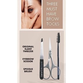 Browgame Precision Brow Kit For Women 3 Pc Original Slant Tweezer, Eyebrow Scissor, Spoolie Brush