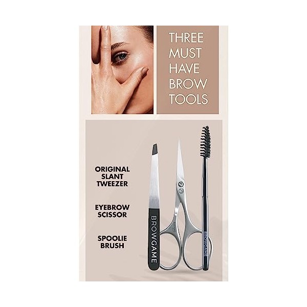 Browgame Precision Brow Kit For Women 3 Pc Original Slant Tweezer, Eyebrow Scissor, Spoolie Brush