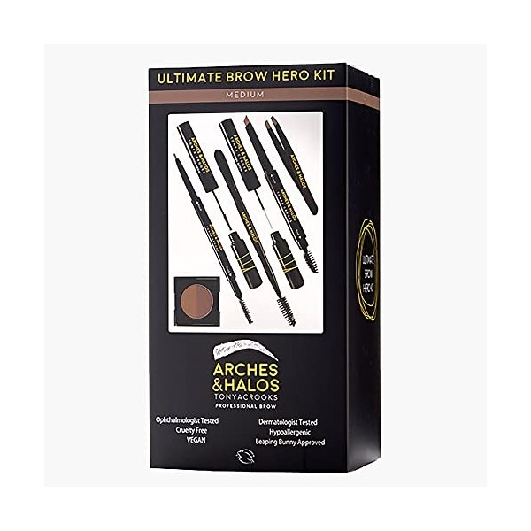 Arches & Halos Ultimate Brow Hero Kit - Pencil, Powder, Spoolie, Brush, and Tweezer Kit for Perfect Eyebrows - Includes Five 