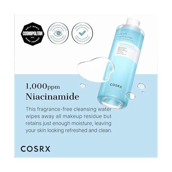 COSRX Low pH Niacinamide Micellar Cleansing Water 13.52fl.oz/400ml, Nettoyage quotidien doux du visage Lavage pour peau sensi