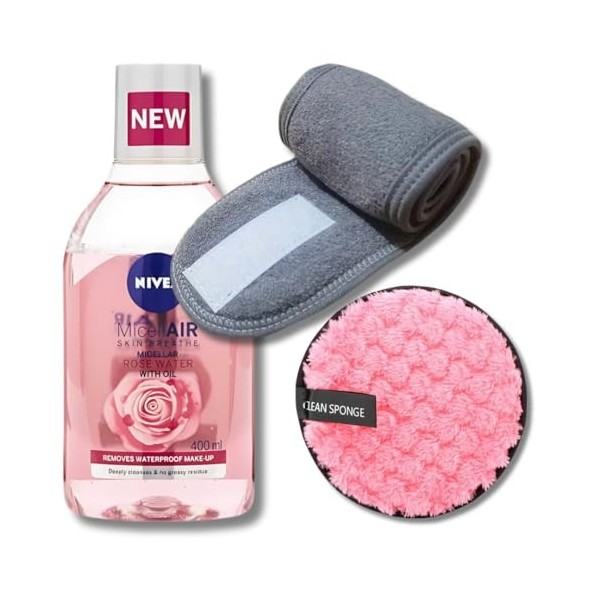 BVO Luxe Kit complet de démaquillage - Serviette bandeau réglable ultra douce, eau de rose micellaire avec huile 400 ml et ho