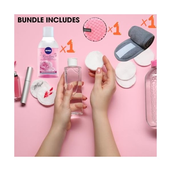 BVO Luxe Kit complet de démaquillage - Serviette bandeau réglable ultra douce, eau de rose micellaire avec huile 400 ml et ho