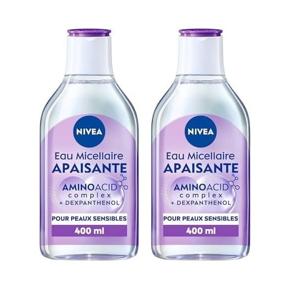 NIVEA Eau Micellaire APAISANTE Peaux Sensibles 1 x 400 ml , démaquillant enrichi aux micelles et acides animés sans parfum, 