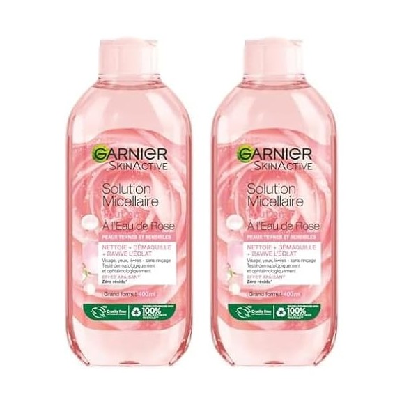 Garnier Skin Active - Solution Micellaire à lEau de Rose Tout-En-1 - Peaux Ternes et Sensibles - Grand Format 400 ml Lot de