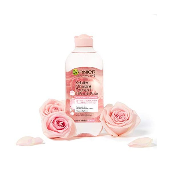 Garnier Skin Active - Solution Micellaire à lEau de Rose Tout-En-1 - Peaux Ternes et Sensibles - Grand Format 400 ml Lot de