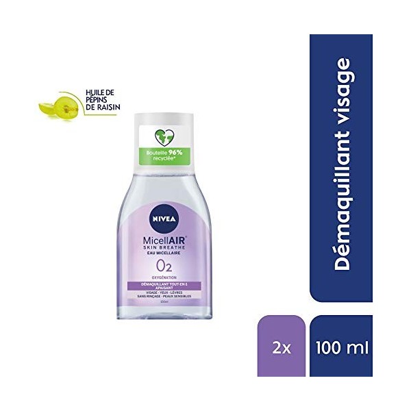 NIVEA Eau Micellaire APAISANTE Peaux Sensibles Mini Format 1 x 100 ml , démaquillant enrichi aux micelles et acides animés s