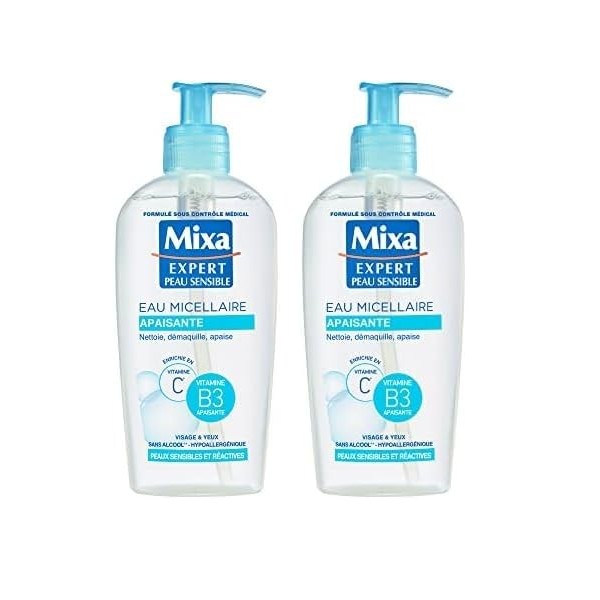 MIXA - Eau nettoyante - APAISANTE Peaux très sensibles et réactives - 200ml, lemballage peut varier Lot de 2 