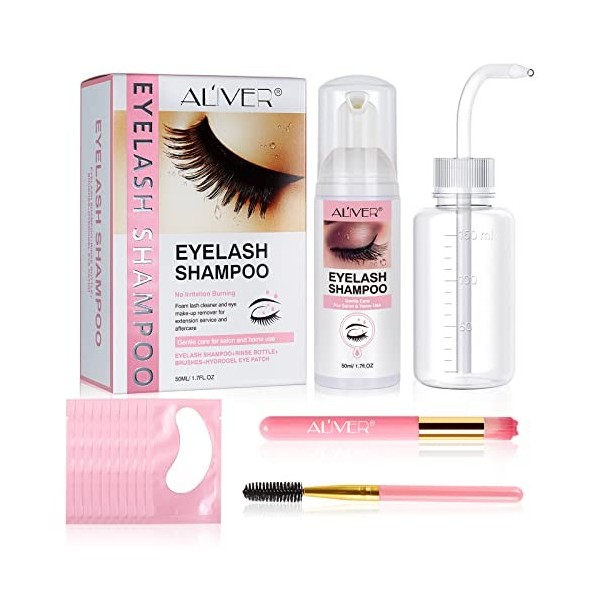 Shampoing pour extensions de cils 50 ml, avec flacon de rinçage + brosses + patch hydrogel pour les yeux, nettoyant pour cils