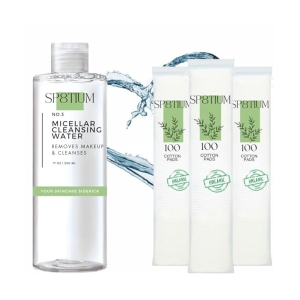 Eau nettoyante micellaire 500 ml et cotons démaquillants - Ensemble nettoyant et apaisant eau micellaire 500 ml et 300 coton