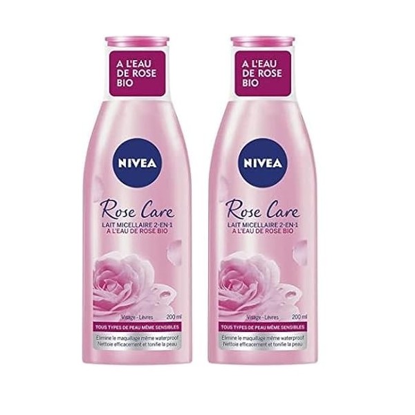 NIVEA Lait micellaire 2-en-1 Rose Care 1 x 200 ml , Lait démaquillant à l’Eau de Rose bio pour tous types de peau, Nettoyant