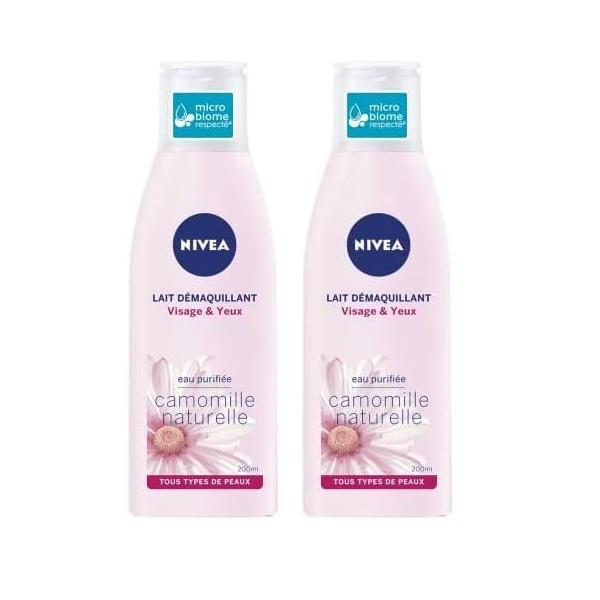 NIVEA Lait Démaquillant Visage & Yeux 1 x 200 ml , lait démaquillant yeux, nettoyant visage enrichi en Camomille naturelle &