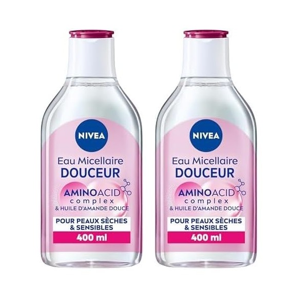 NIVEA Eau Micellaire DOUCEUR Peaux Sèches et Sensibles 1 x 400 ml , démaquillant enrichi aux micelles et acides animés sans 