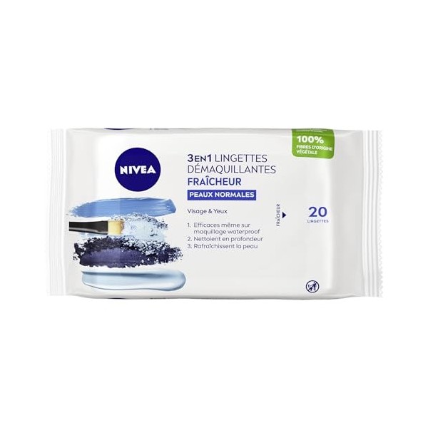 NIVEA Lingettes démaquillantes Fraîcheur Peaux Normales 100% fibres végétales 1 x 20 pcs , démaquillant visage, yeux & lèvre