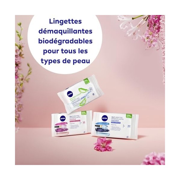 NIVEA Lingettes démaquillantes Fraîcheur Peaux Normales 100% fibres végétales 1 x 20 pcs , démaquillant visage, yeux & lèvre