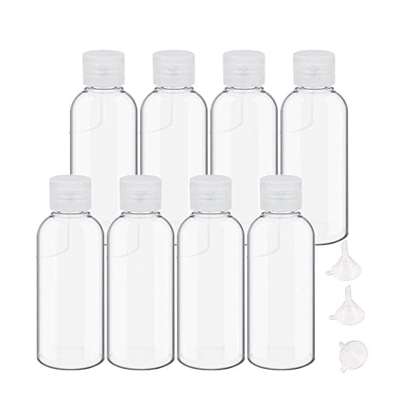 8 Pièces 100ml Flacons Vide de Voyage, Bouteilles Voyage en Plastique vides avec 3 Petits entonnoirs, Vides Petit Flacon Tran