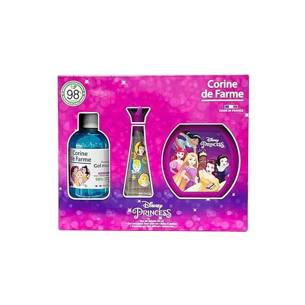 Corine de Farme - Coffret Princesses avec Eau de Toilette 50ml, Bain Moussant 300ml et Boîte à Goûter - Cadeau pour Fille - P