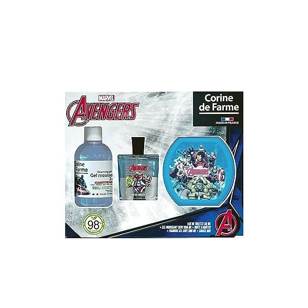 Corine de Farme - Coffret Avengers avec Eau de Toilette 50ml, Bain Moussant 300ml et Boîte à Goûter - Cadeau pour Garçon - Pa