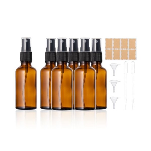 Flacon Spray Vide Verre 50ml, Lot de 6 flacons pulvérisateurs vides bouteilles en verre marron Kit avec entonnoir, pipettes e