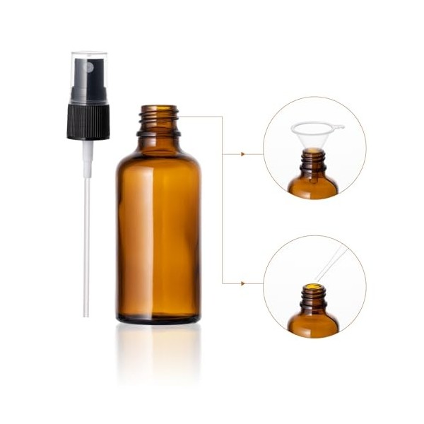 Flacon Spray Vide Verre 50ml, Lot de 6 flacons pulvérisateurs vides bouteilles en verre marron Kit avec entonnoir, pipettes e