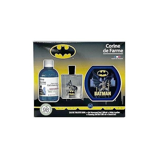 Corine de Farme - Coffret Batman avec Eau de Toilette 50ml, Bain Moussant 300ml et Boîte à Goûter - Cadeau pour Garçon - Parf