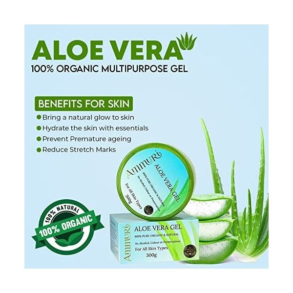 Gel dAloe Vera 100% Pur Bio & Naturel Aloe Fraîchement Coupé Idéal pour les Soins du Corps les Soins du Visage, les Soins de