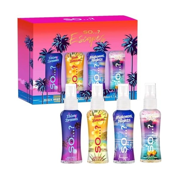 So…? Summer Escapes, Body Mist by So…? & So…? Unique Coffret Cadeau Brume Corporelle Parfumée Pour Femme 4x50ml Lot de 3