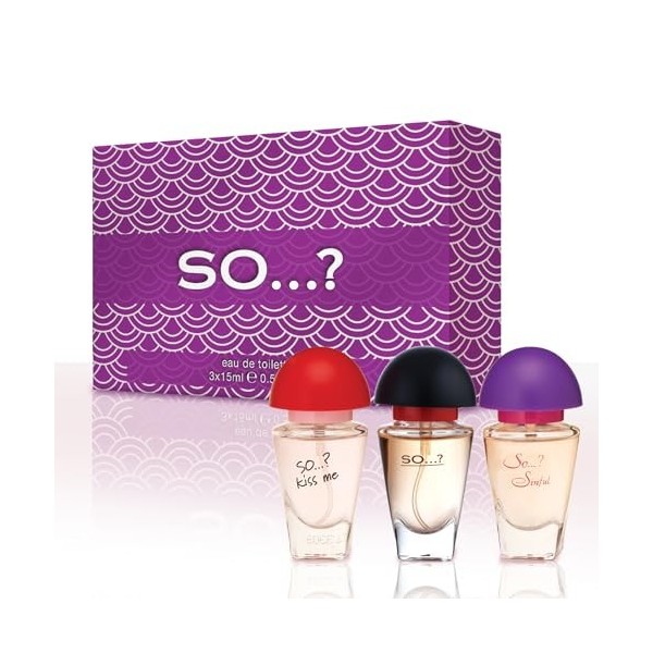 SO... ? Three For Me Coffret Parfum Femme Premium, Kiss Me, Sinful, SO... ?, Eau de Toilette avec parfum longue durée, Mini p