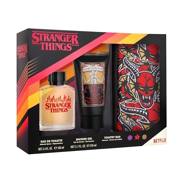 AIR VAL Stranger Things Coffret cadeau avec eau de toilette 100 ml, gel douche 150 ml et trousse de toilette – Parfum masculi