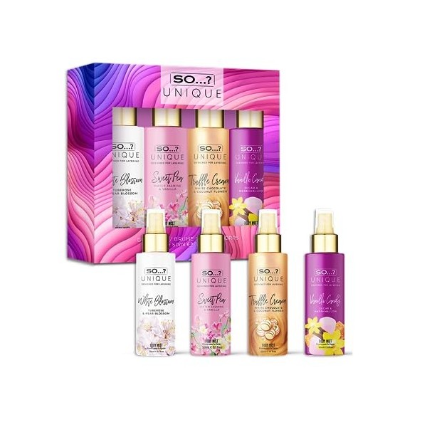 So…? Unique Mini Mist Coffret cadeau pour femme avec bonbons vanille/pois de senteur, crème à la truffe et fleur blanche, lot