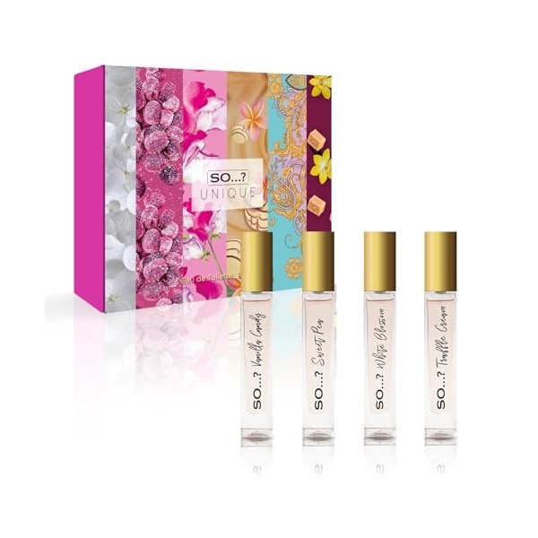 SO... ? Coffret unique de parfums féminins de qualité supérieure, Vanilla Candy, Sweet Pea, White Blossom, Truffle Cream Eau 