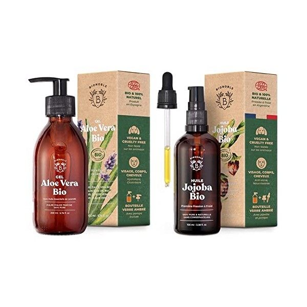 Bionoble Gel Aloe Vera Bio 100% Pur Aloe 200ml - Flacon Verre Recyclable + Pompe - Gel Aloe Vera Cheveux Bouclés & Huile de J