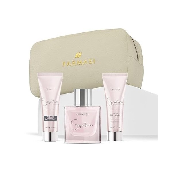 Farmasi Signature Set, coffret cadeau femme 4 produits avec parfum de 50 ml, gel douche 100 ml, lotion pour le corps 100 ml, 