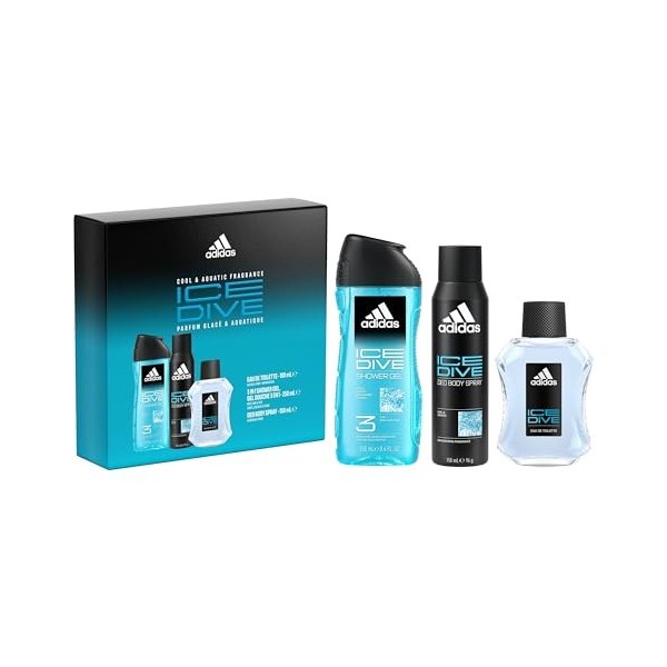 Adidas, Coffret Ice Dive 3 Produits, Eau de toilette 100ml menthe poivrée et pamplemousse, gel douche 250ml 3-en-1, déodorant