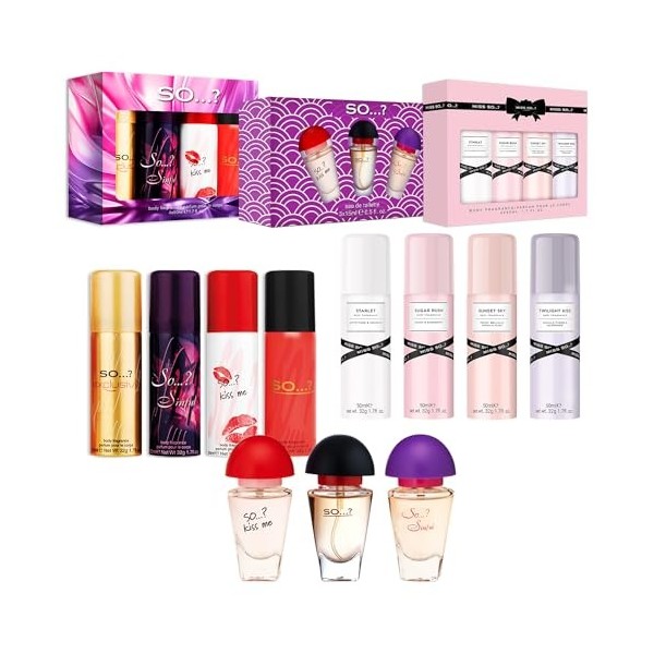 So…? Coffret Cadeau Brume Corporelle Parfumée et Eau De Toilette Pour Femme 4x50ml Body Mist, 3x15ml EDT Lot de 3