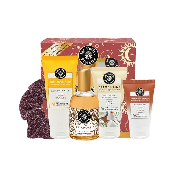 Les Petits Plaisirs - Coffret parfum Patchouli, Eau de toilette femme, Gel Douche, Crème Mains. Made in France, flacon 110ml